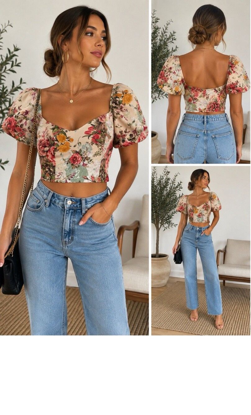 Peach Love Floral Cropped Off The Shoulder Sweetheart Blouse